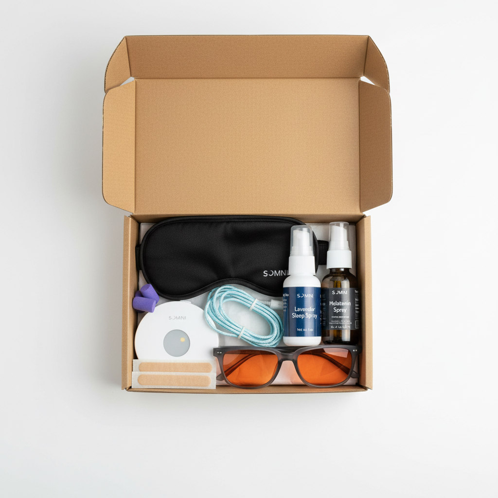 Premium sleep kit with mask, sprays, light device, and tools